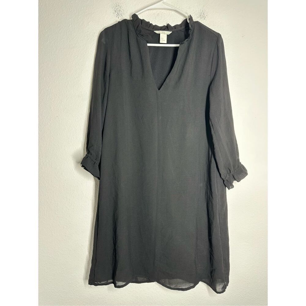 H&M Womens Shirt Dress Black Sheer Flowy Lined Shift Shirtdress Sz 8